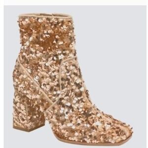 Lisa Vicky NIB Crazed-V Champagne Sequin Ankle Boots Block Heel Womens 6.5 NEW